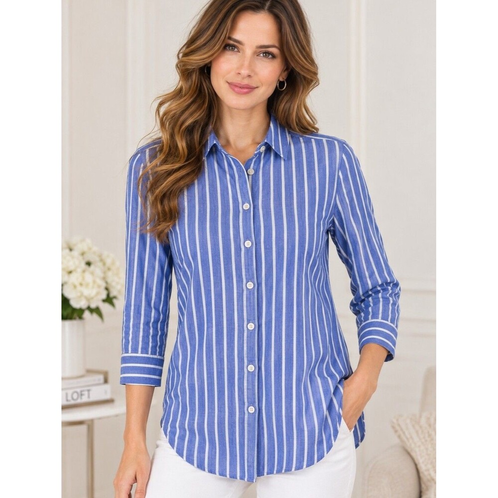 EUC LOFT women's blue & white stripped 3/4 sleeve dress shirt casual, XSP